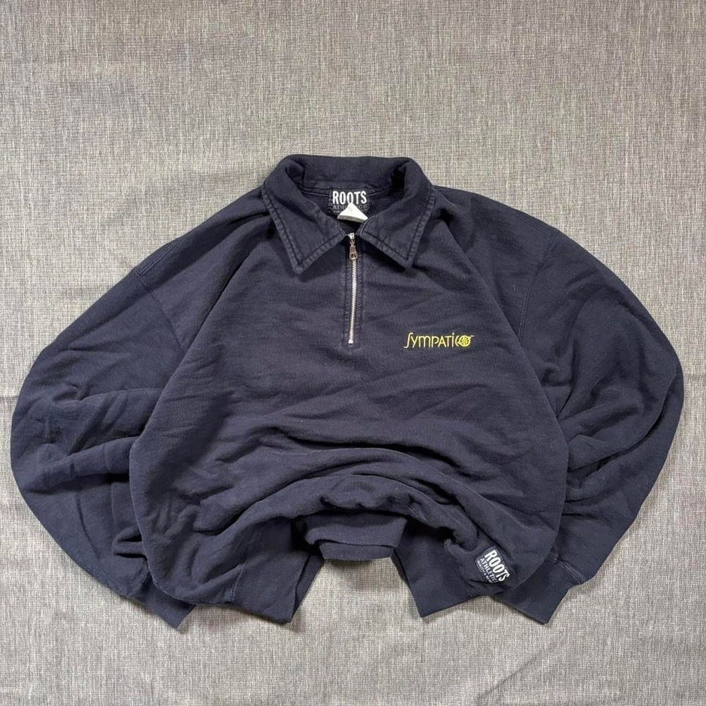 Navy Roots quarter zip sweatshirt with yellow embroidery - M